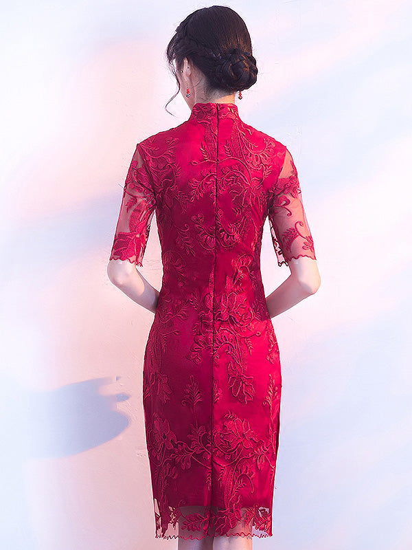 Red Embroidered Lace Short Qipao / Cheongsam Wedding Dress