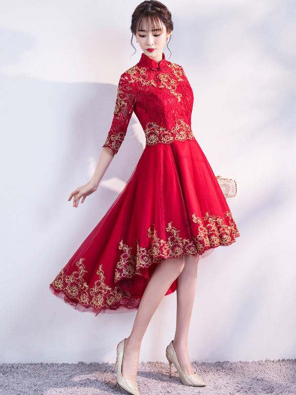 Wine Red Lace Qipao / Cheongsam Evening Dress with Dipped Hem