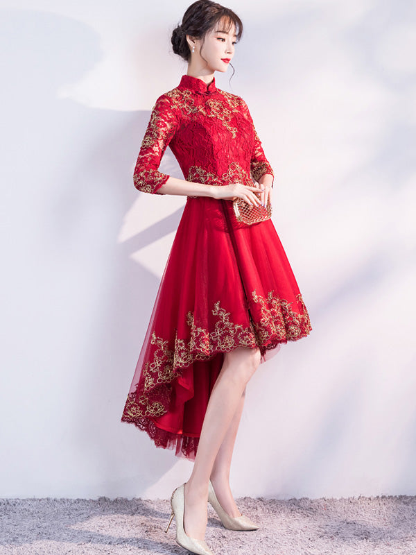 Wine Red Lace Qipao / Cheongsam Evening Dress with Dipped Hem