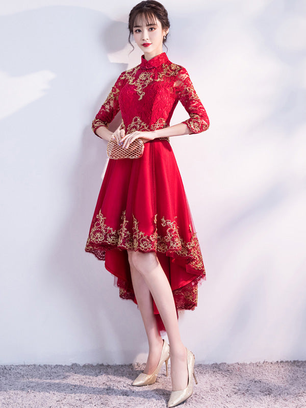 Wine Red Lace Qipao / Cheongsam Evening Dress with Dipped Hem