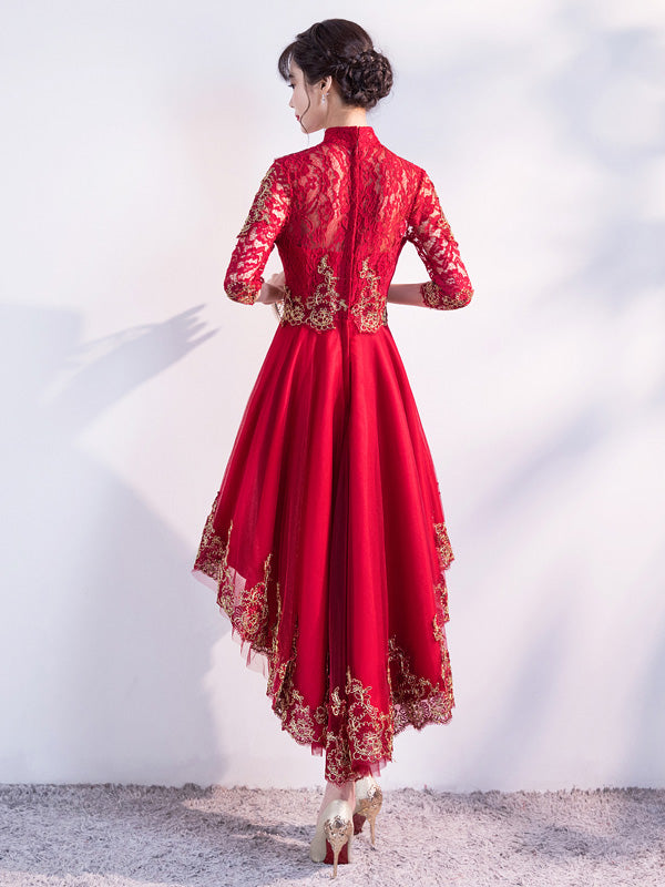 Wine Red Lace Qipao / Cheongsam Evening Dress with Dipped Hem