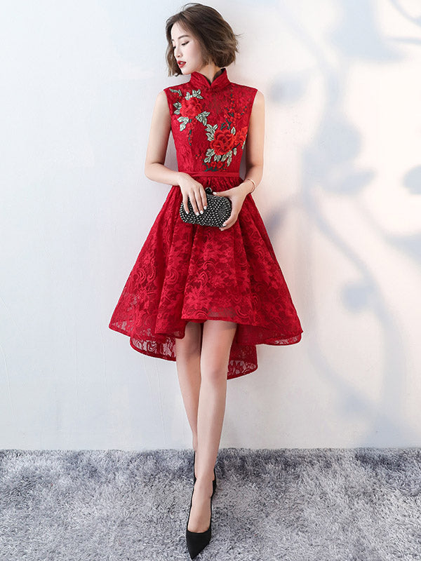 Red Lace Qi Pao Cheongsam Dress with High Low Hem