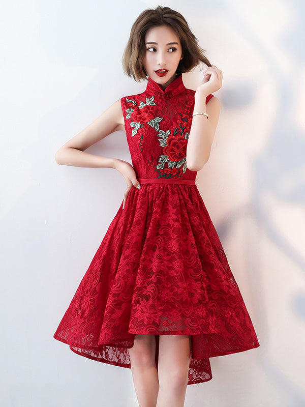 Red Lace Qi Pao Cheongsam Dress with High Low Hem