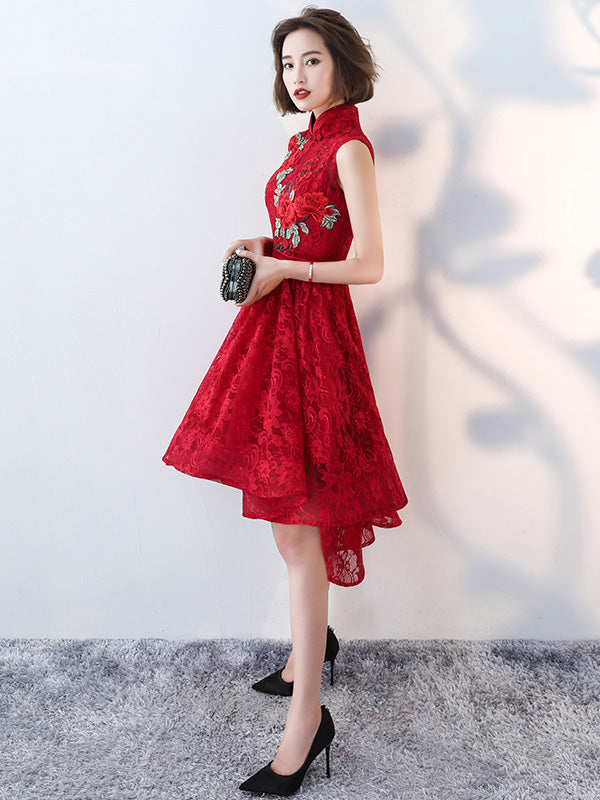 Red Lace Qi Pao Cheongsam Dress with High Low Hem