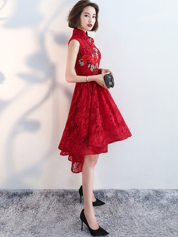 Red Lace Qi Pao Cheongsam Dress with High Low Hem