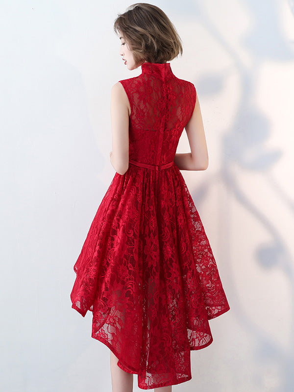 Red Lace Qi Pao Cheongsam Dress with High Low Hem