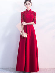 Wine Red A-Line Maxi Wedding Qipao Cheongsam Dress