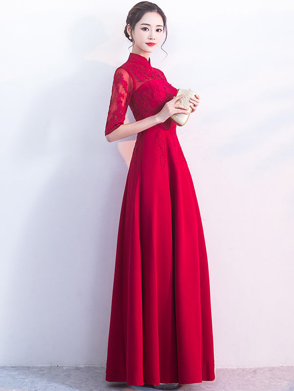 Wine Red A-Line Maxi Wedding Qipao Cheongsam Dress