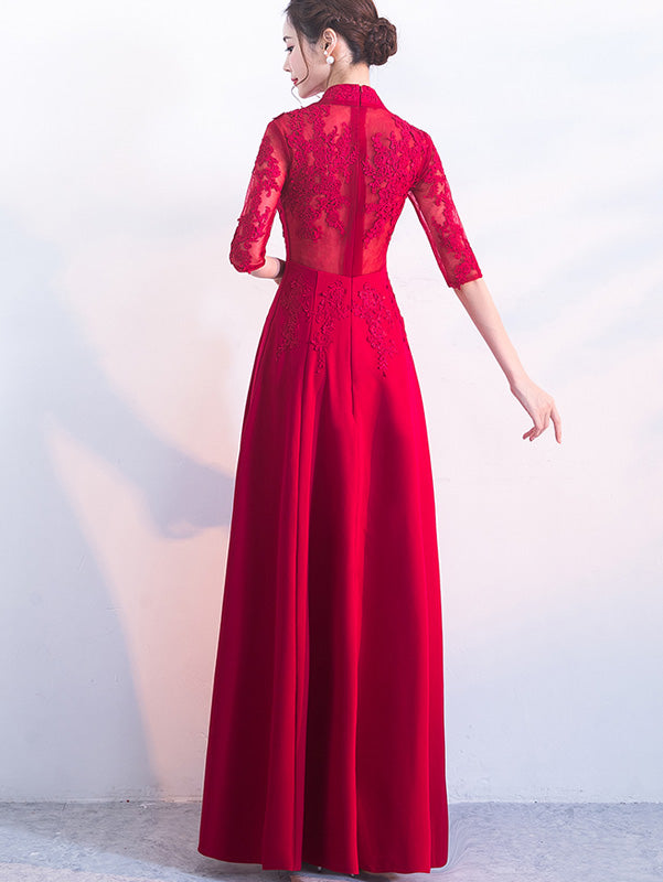 Wine Red A-Line Maxi Wedding Qipao Cheongsam Dress