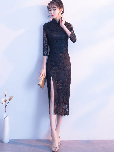 Thigh Split Lace Long Qipao / Cheongsam Evening Dress