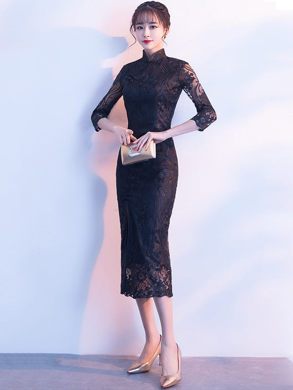 Thigh Split Lace Long Qipao / Cheongsam Evening Dress