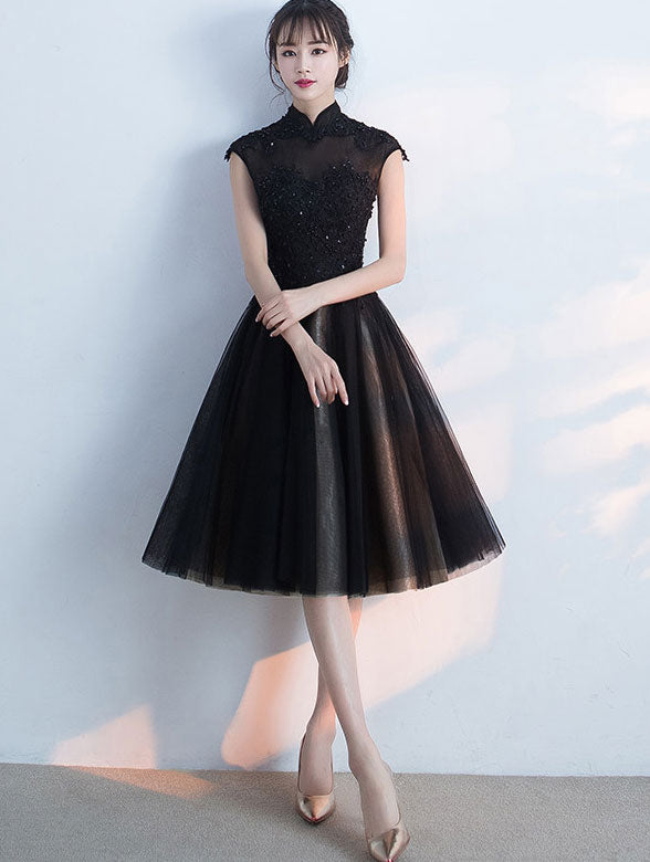 Black Midi Ball Tulle Qipao Cheongsam Evening Dress