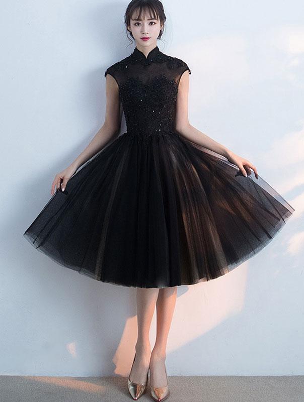 Black Midi Ball Tulle Qipao / Cheongsam Evening Dress