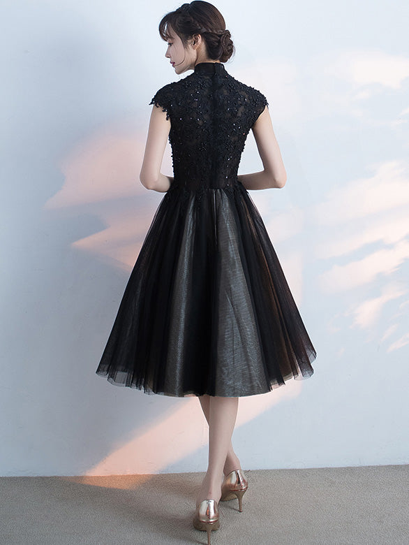 Black Midi Ball Tulle Qipao / Cheongsam Evening Dress