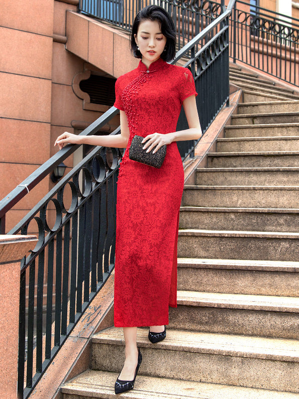 Red Beads Lace Long Qipao / Cheongsam Wedding Dress