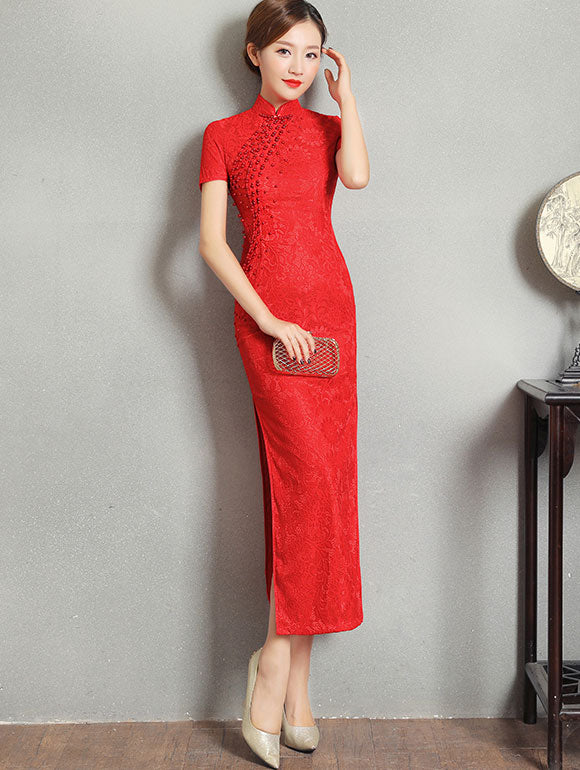 Red Beads Lace Long Qipao / Cheongsam Wedding Dress