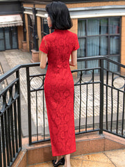 Red Beads Lace Long Qipao / Cheongsam Wedding Dress
