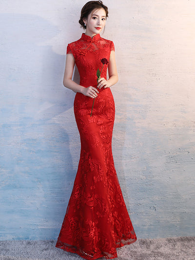 Red Lace Mermaid Qipao / Cheongsam Wedding Dress