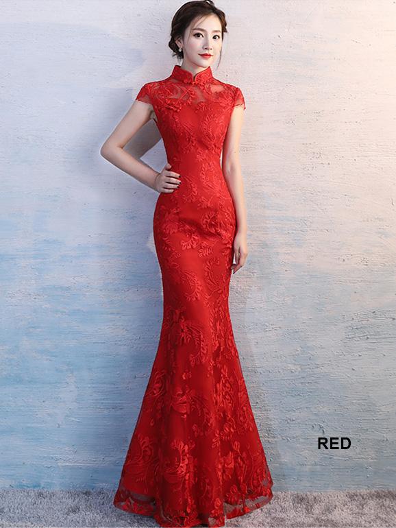 Red Lace Mermaid Qipao / Cheongsam Wedding Dress