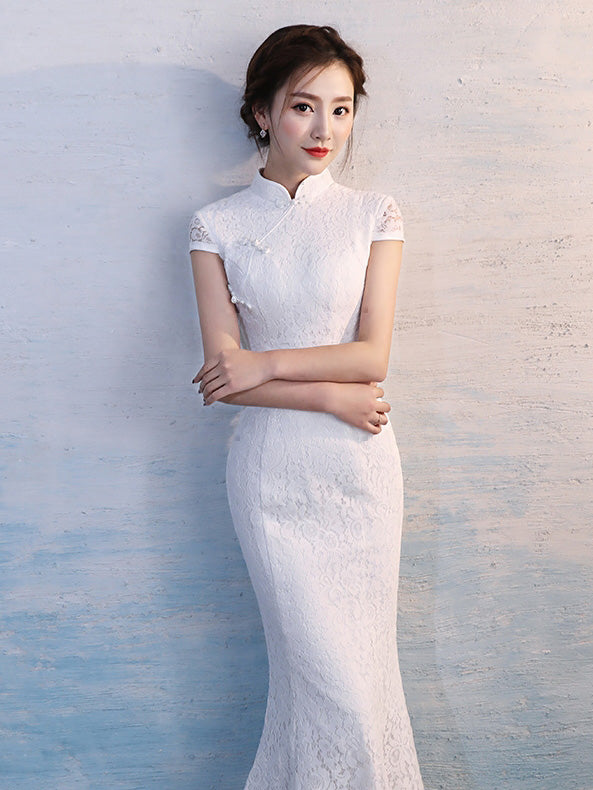 White Lace Fishtail Qipao Cheongsam Wedding Gown