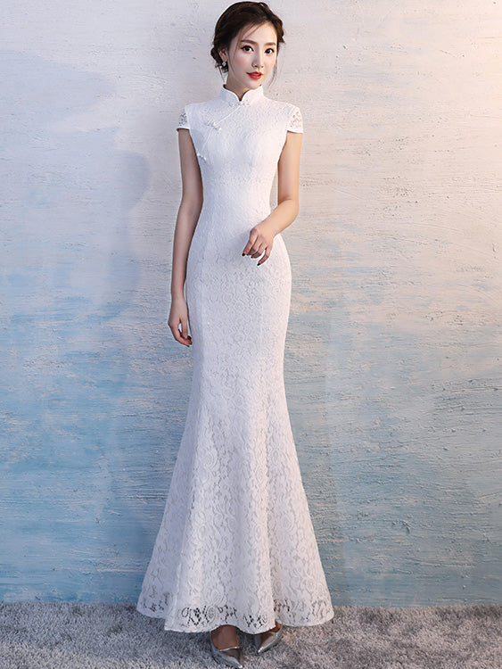 White Lace Fishtail Qipao Cheongsam Wedding Gown