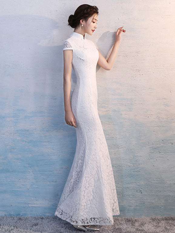 White Lace Fishtail Qipao Cheongsam Wedding Gown