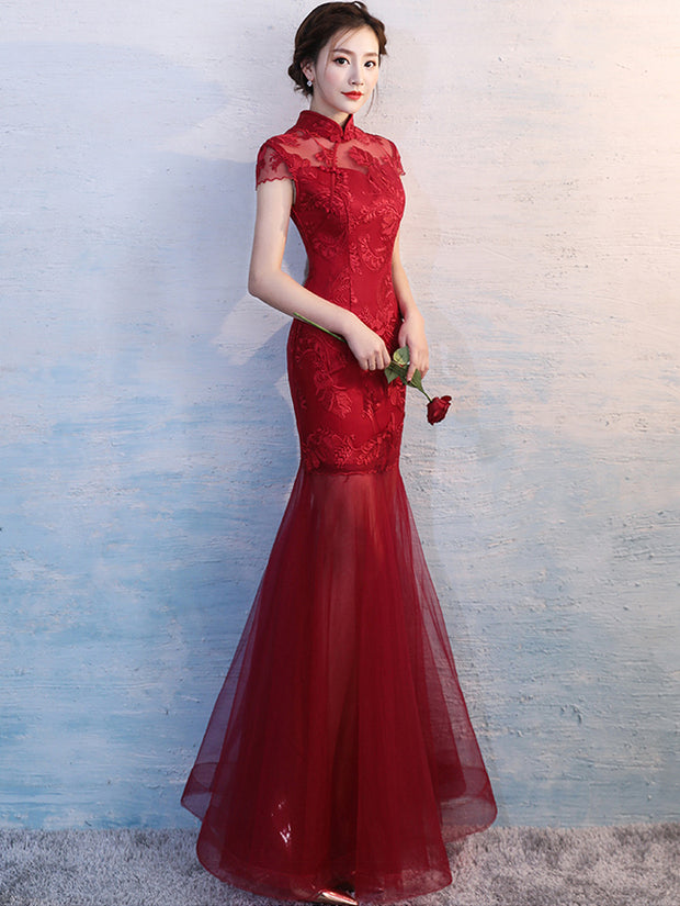Red Fishtail Qipao / Cheongsam Wedding Dress with Illusion Skirt
