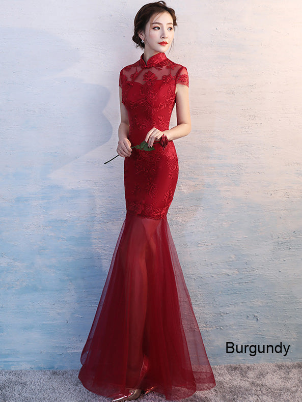 Red Fishtail Qipao / Cheongsam Wedding Dress with Illusion Skirt