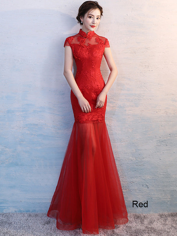 Red Fishtail Qipao / Cheongsam Wedding Dress with Illusion Skirt
