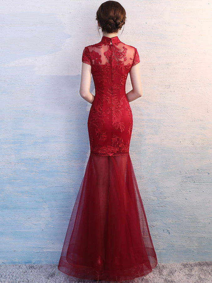 Red Fishtail Qipao / Cheongsam Wedding Dress with Illusion Skirt