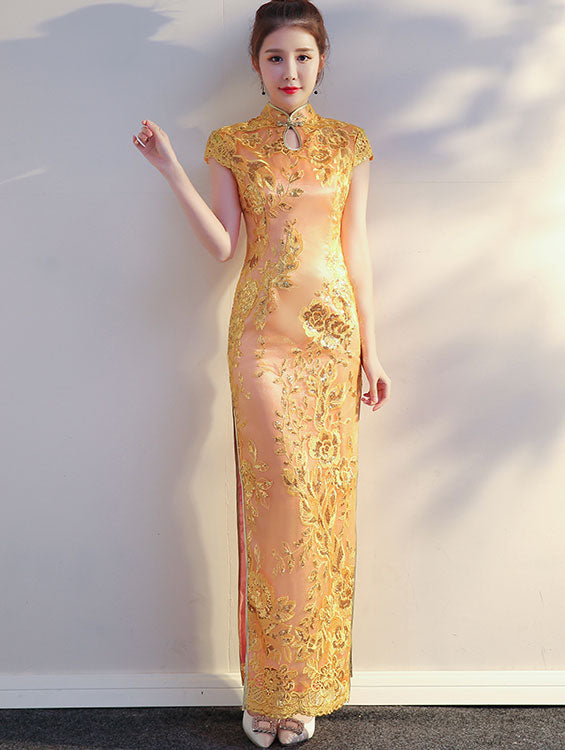 Purple Pink Sequined Maxi Qipao / Cheongsam Evening Dress