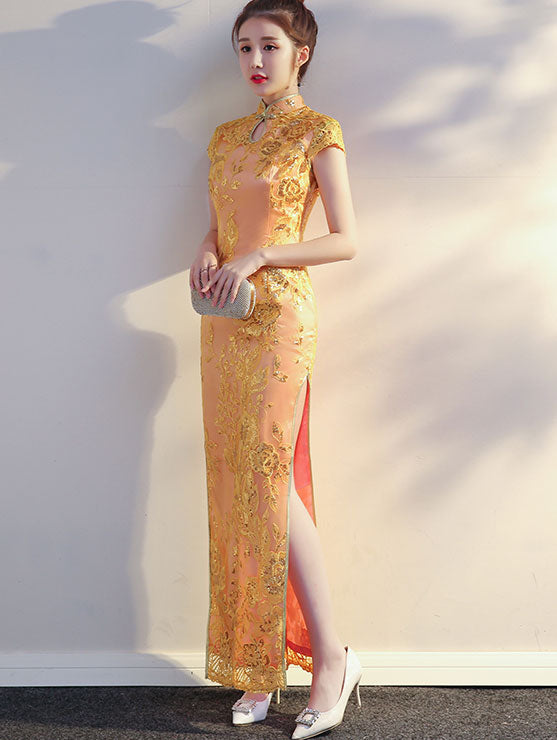Purple Pink Sequined Maxi Qipao / Cheongsam Evening Dress