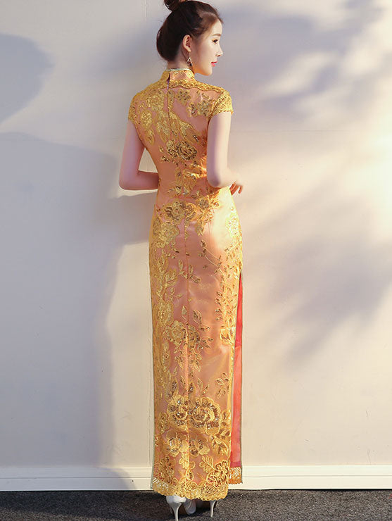 Purple Pink Sequined Maxi Qipao / Cheongsam Evening Dress