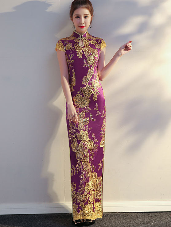 Purple Pink Sequined Maxi Qipao / Cheongsam Evening Dress