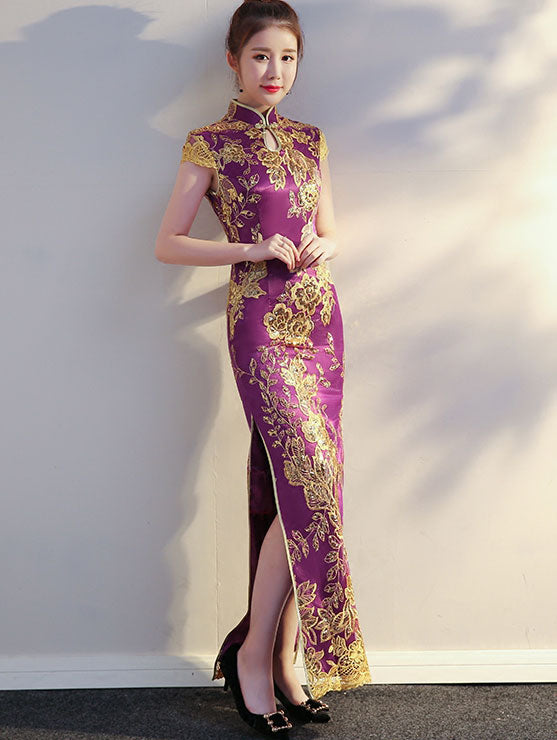 Purple Pink Sequined Maxi Qipao / Cheongsam Evening Dress