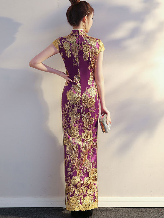 Purple Pink Sequined Maxi Qipao / Cheongsam Evening Dress