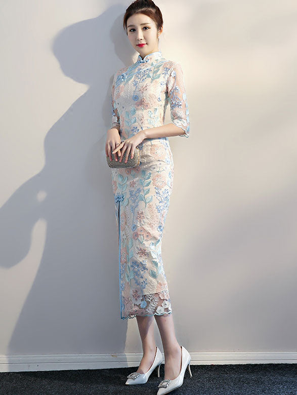 Thigh Split Floral Lace Qipao / Cheongsam Evening Dress