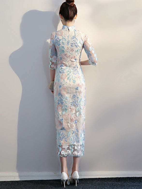 Thigh Split Floral Lace Qipao / Cheongsam Evening Dress