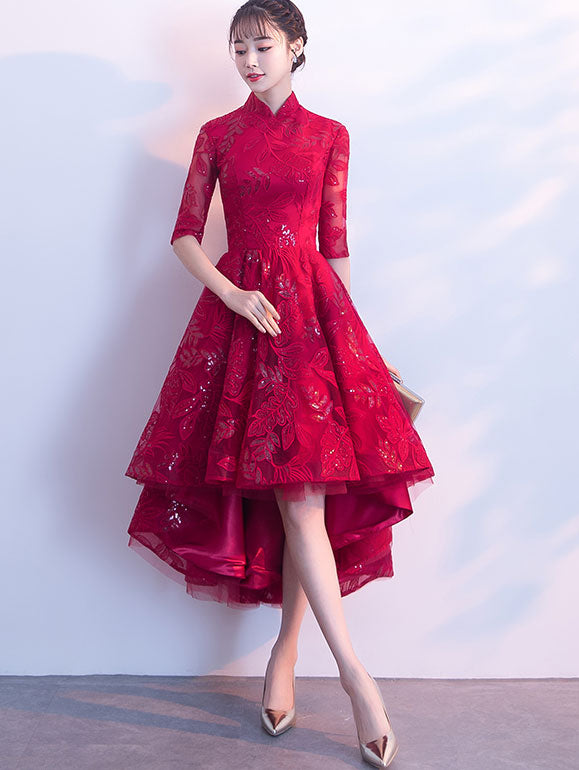 Sequined Wine Red Qipao / Cheongsam Evening Dress with Dipped Hem