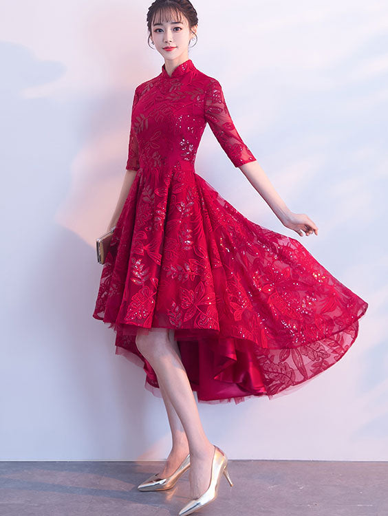 Sequined Wine Red Qipao / Cheongsam Evening Dress with Dipped Hem