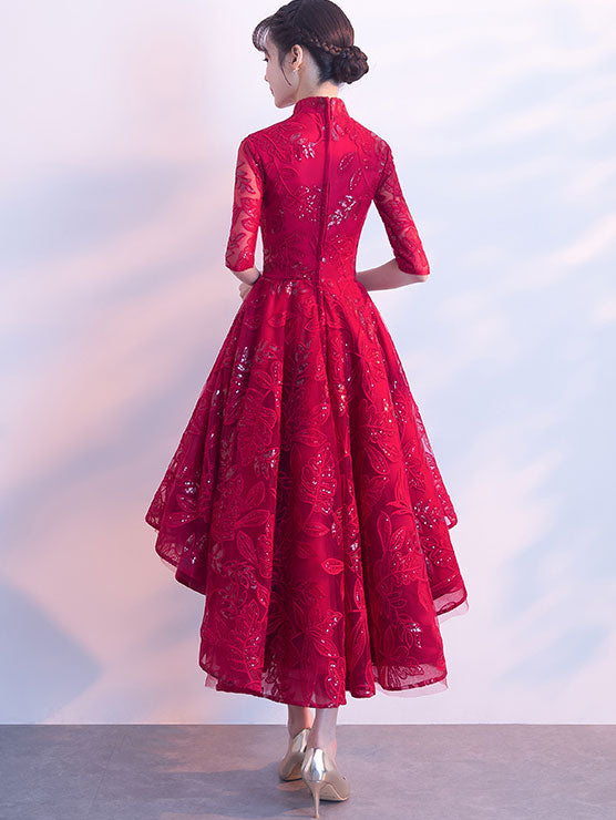 Sequined Wine Red Qipao / Cheongsam Evening Dress with Dipped Hem