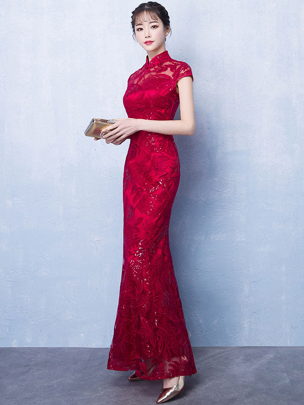 Red Sequined Mermaid Qipao / Long Cheongsam Wedding Dress