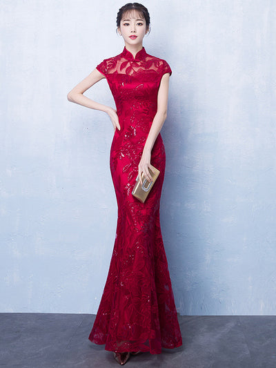 Red Sequined Mermaid Qipao / Long Cheongsam Wedding Dress