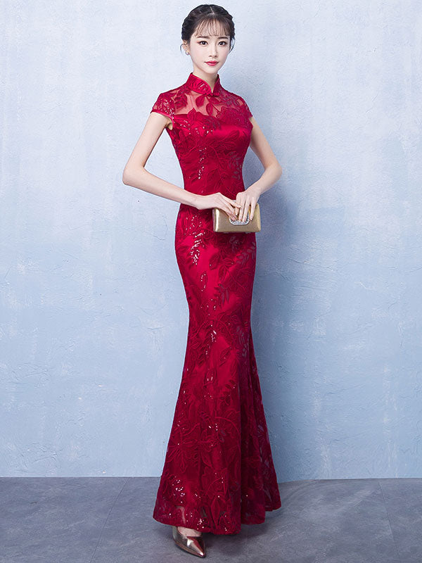 Red Sequined Mermaid Qipao / Long Cheongsam Wedding Dress