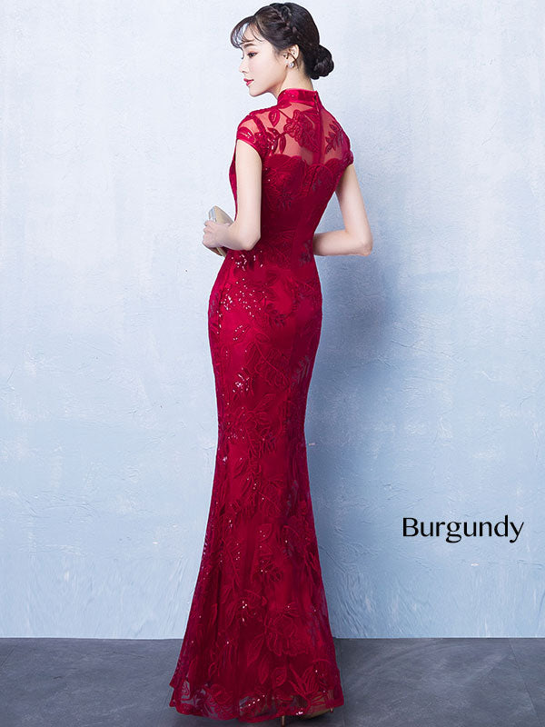 Red Sequined Mermaid Qipao / Long Cheongsam Wedding Dress