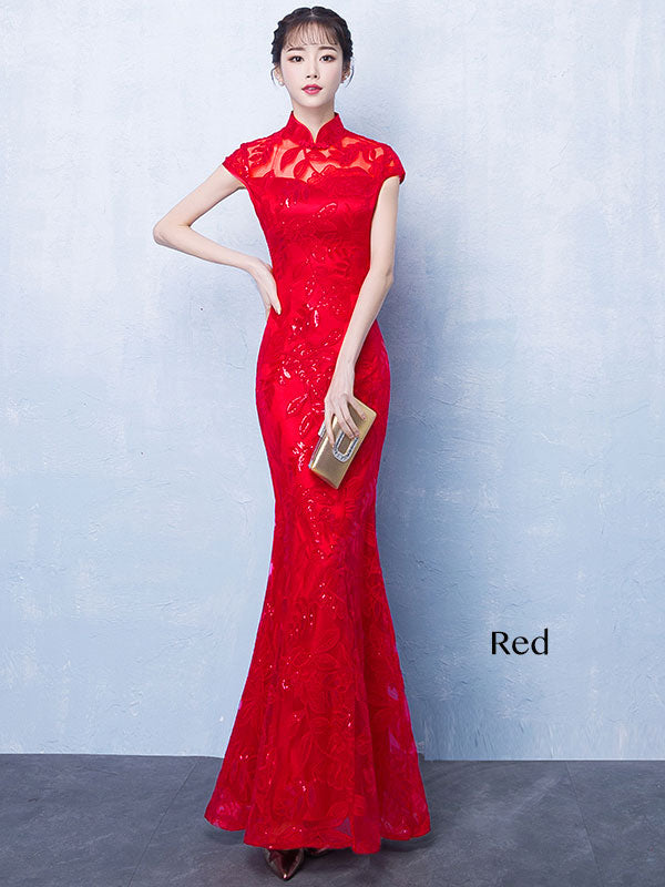 Red Sequined Mermaid Qipao / Long Cheongsam Wedding Dress