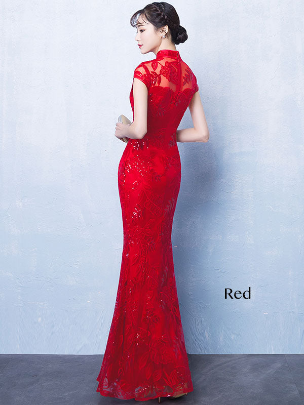 Red Sequined Mermaid Qipao / Long Cheongsam Wedding Dress