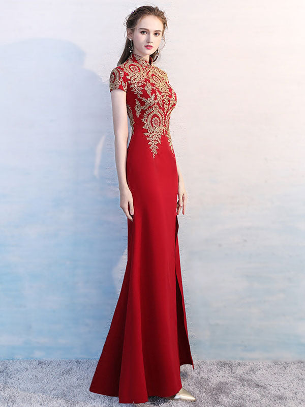 Red Long Qipao / Cheongsam Evening Dress with Gold Appliques