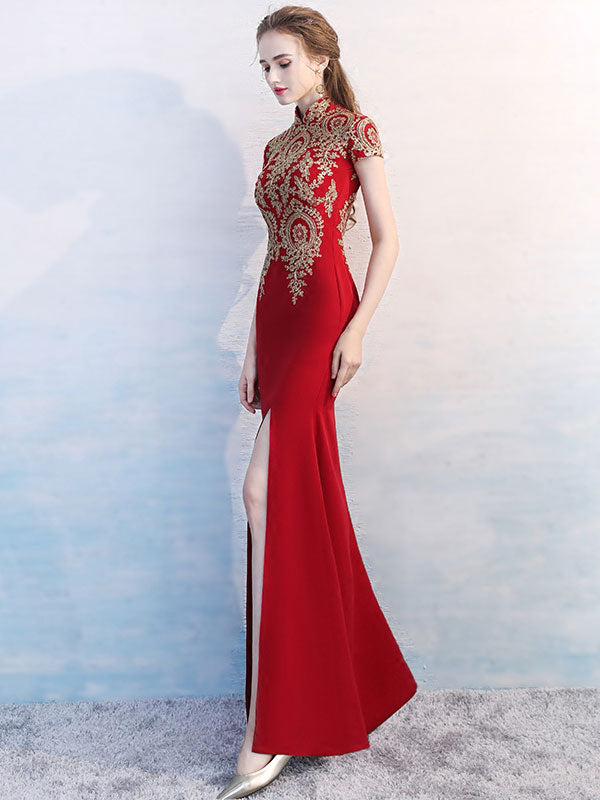 Red Long Qipao / Cheongsam Evening Dress with Gold Appliques