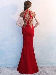 Red Long Qipao / Cheongsam Evening Dress with Gold Appliques